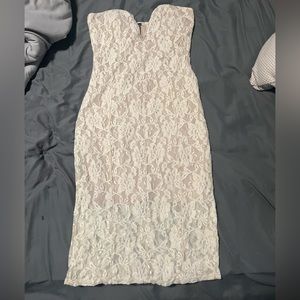 White Sheer Lace cocktail dress with low V neckline- Windsor